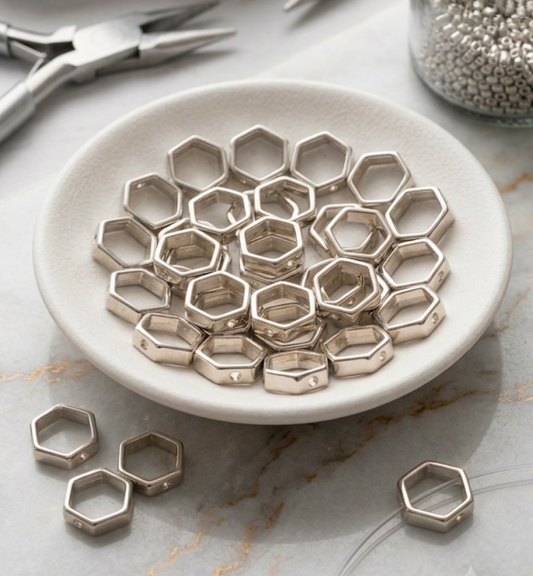 50 PCs ABS Plastic Geometric Hexagon Frame Spacer Beads (Gold & Silver) - For Jewelry & Bracelet Making