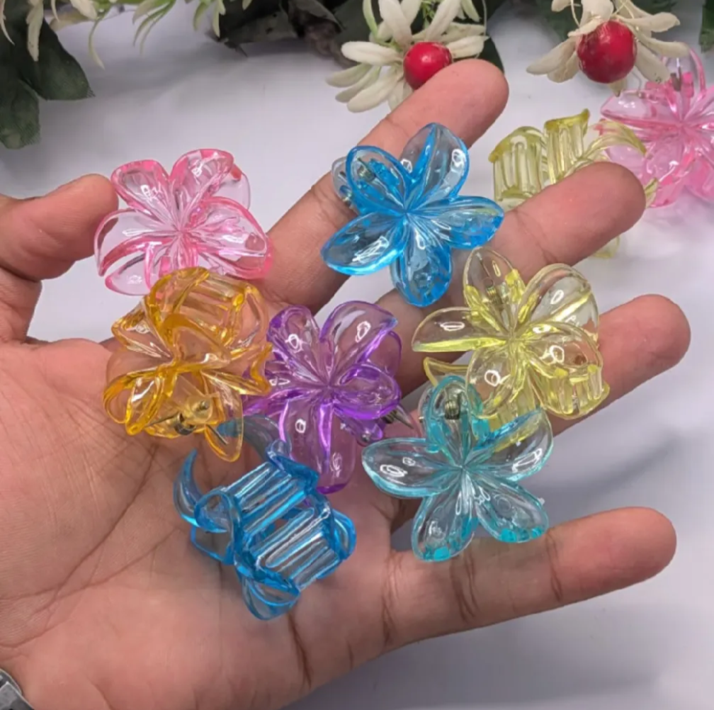 Pack of 6 PCs Small Size Flower Claw Clips – Transparent Shiny Strong Grip Hair Clips