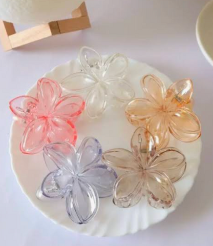 Pack of 6 PCs Small Size Flower Claw Clips – Transparent Shiny Strong Grip Hair Clips