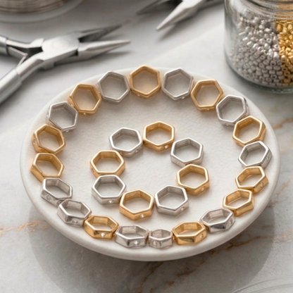 50 PCs ABS Plastic Geometric Hexagon Frame Spacer Beads (Gold & Silver) - For Jewelry & Bracelet Making