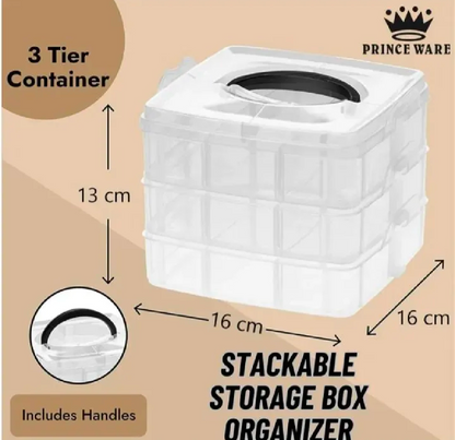 18 Grids 3 Layer Jewelry Organizer Box – Transparent Stackable Storage Box with Handle for Beads & Craft Supplies