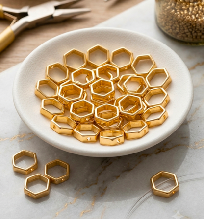50 PCs ABS Plastic Geometric Hexagon Frame Spacer Beads (Gold & Silver) - For Jewelry & Bracelet Making