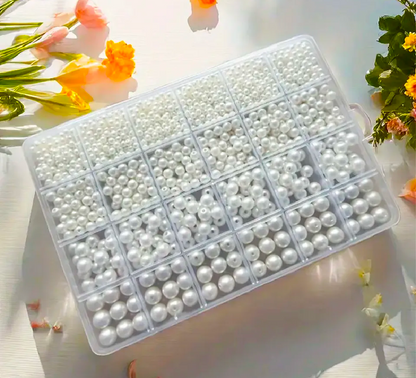 1000pcs  + Pearl Beads Kit Box – 4 Sizes, 24 Grids for Jewelry Making & DIY Crafts