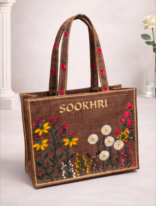Sookhri Embroidered Jute Tote Bag for Women – Traditional Handmade Shoulder Bag