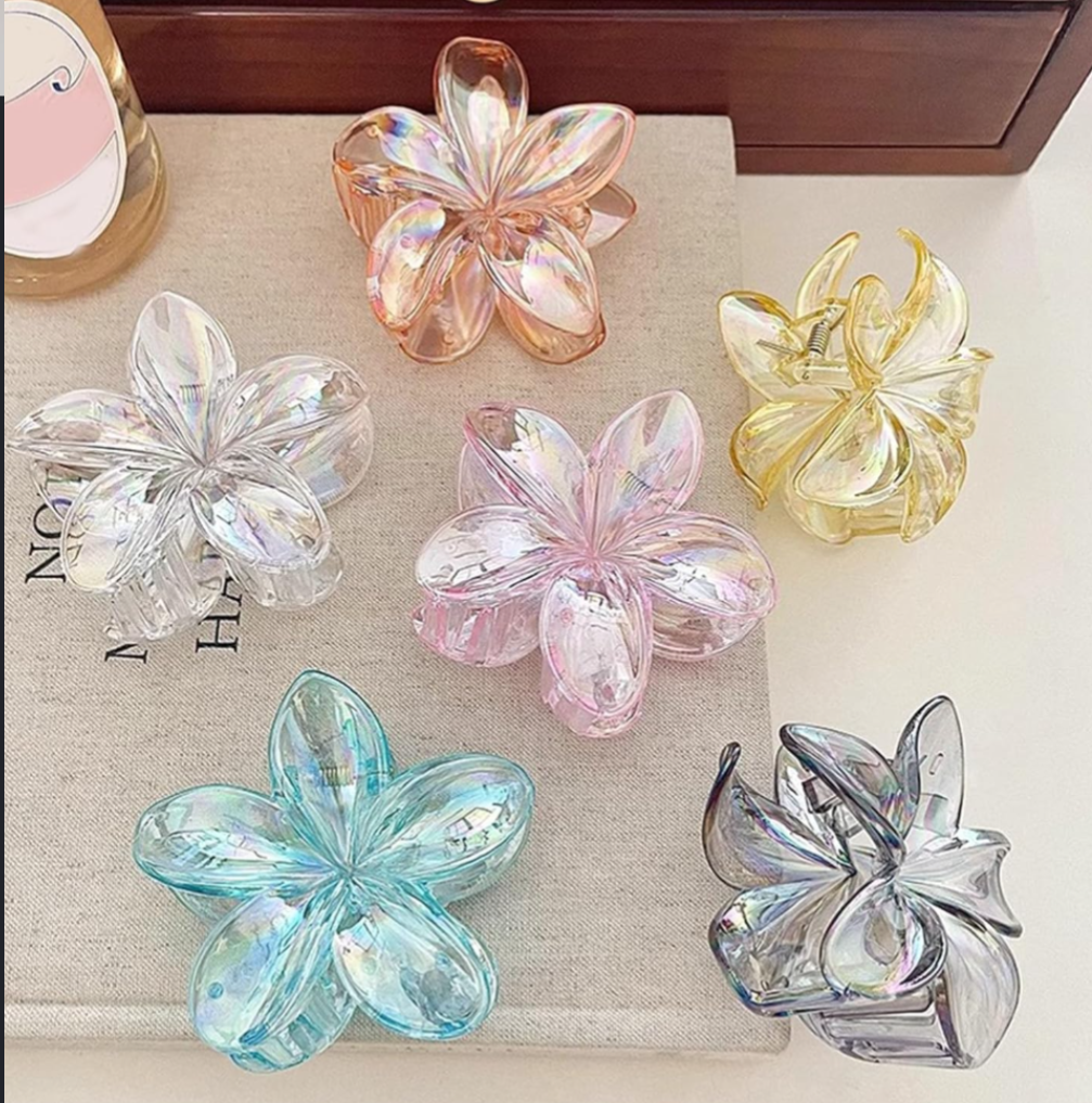Pack of 6 PCs Small Size Flower Claw Clips – Transparent Shiny Strong Grip Hair Clips