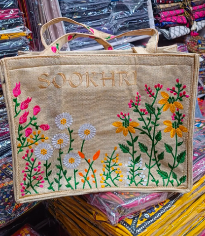 Sookhri Embroidered Jute Tote Bag for Women – Traditional Handmade Shoulder Bag