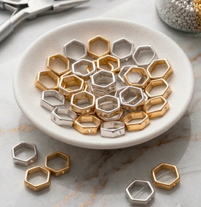 50 PCs ABS Plastic Geometric Hexagon Frame Spacer Beads (Gold & Silver) - For Jewelry & Bracelet Making
