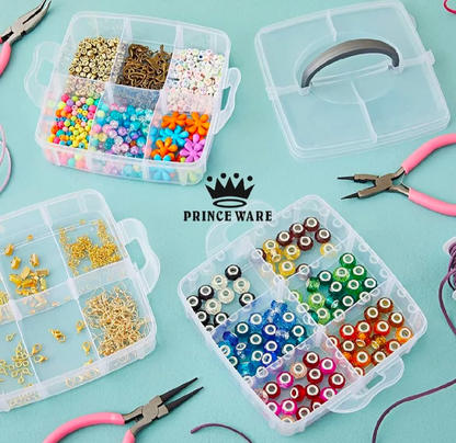 18 Grids 3 Layer Jewelry Organizer Box – Transparent Stackable Storage Box with Handle for Beads & Craft Supplies