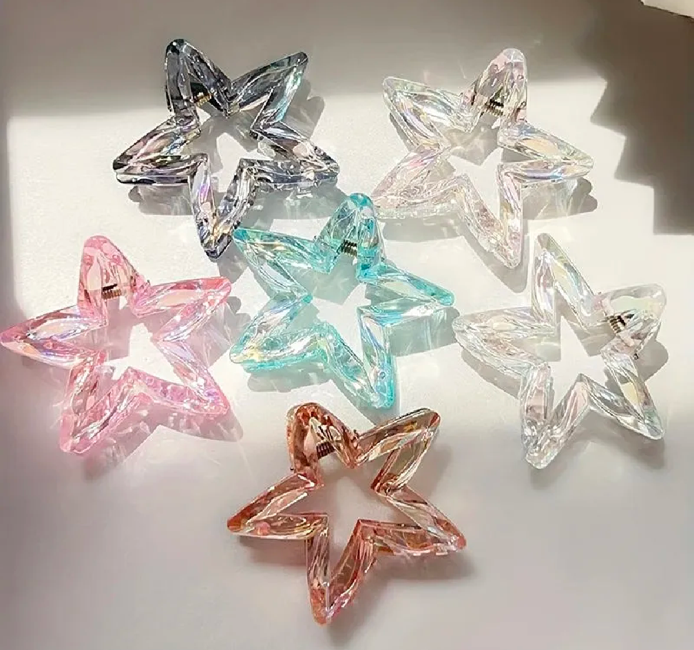 Pack of 4 PCs Star Shape Claw Clips – Transparent Shiny Strong Grip Hair Clips for Girls & Women