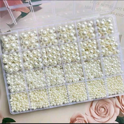 1000pcs  + Pearl Beads Kit Box – 4 Sizes, 24 Grids for Jewelry Making & DIY Crafts