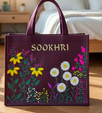 Sookhri Embroidered Jute Tote Bag for Women – Traditional Handmade Shoulder Bag