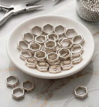 50 PCs ABS Plastic Geometric Hexagon Frame Spacer Beads (Gold & Silver) - For Jewelry & Bracelet Making