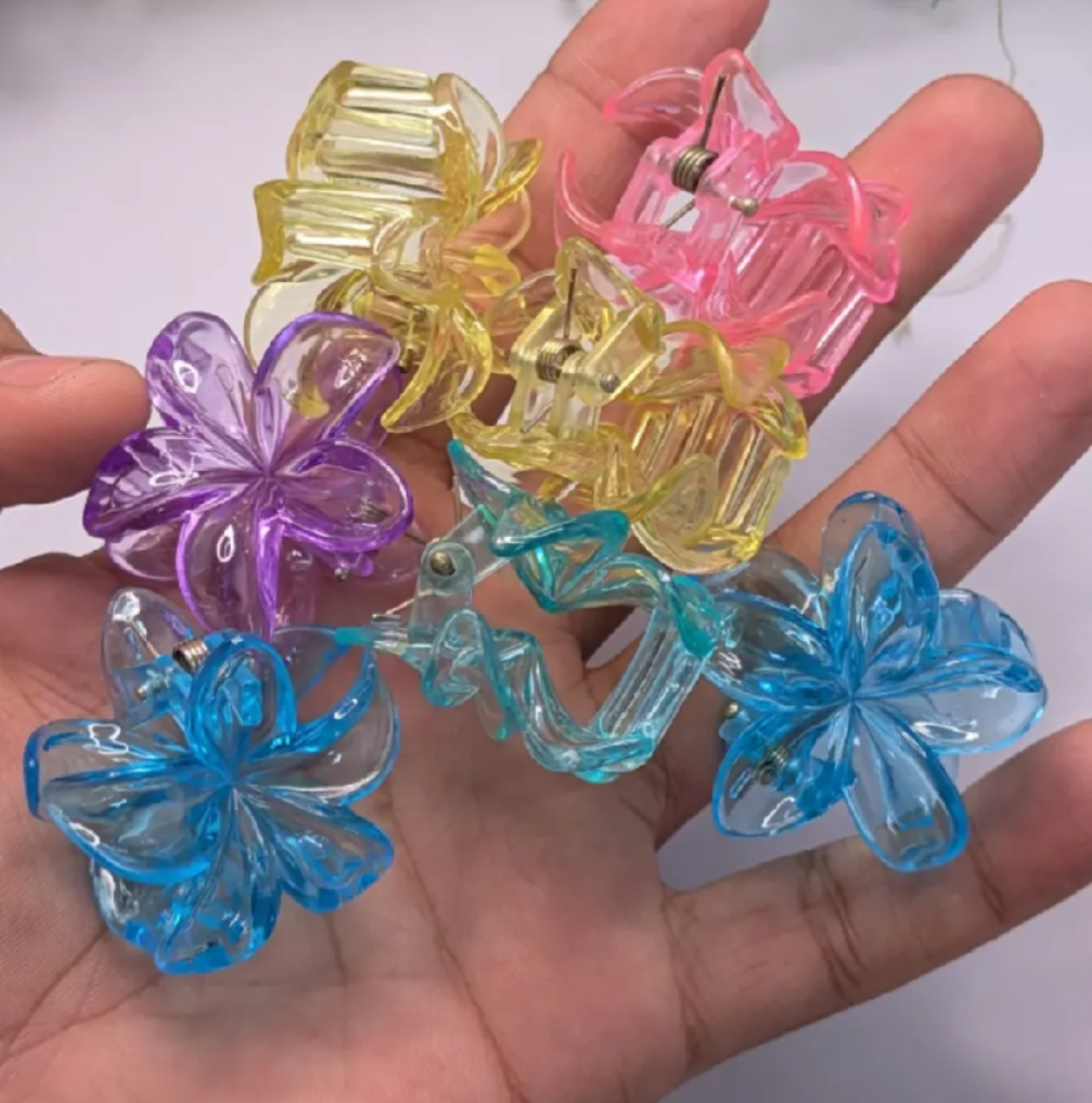 Pack of 6 PCs Small Size Flower Claw Clips – Transparent Shiny Strong Grip Hair Clips
