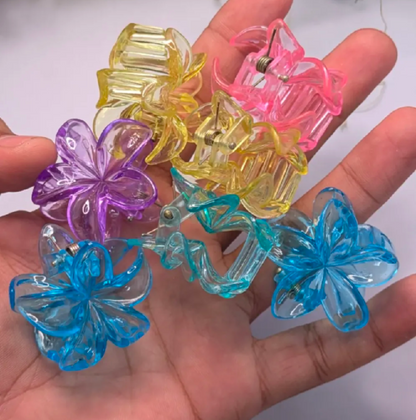 Pack of 6 PCs Small Size Flower Claw Clips – Transparent Shiny Strong Grip Hair Clips