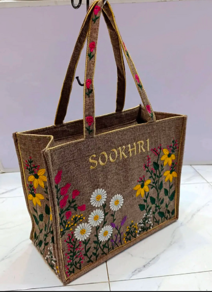 Sookhri Embroidered Jute Tote Bag for Women – Traditional Handmade Shoulder Bag